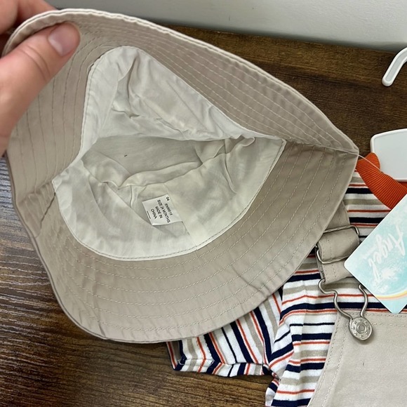 A Little Angel Khaki Overalls With Bucket Hat & Stripes Undershirt - Picture 10 of 13